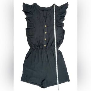 Black Romper, Ruffle Sleeve, Button Front Elastic Waist Casual Comfy Black S